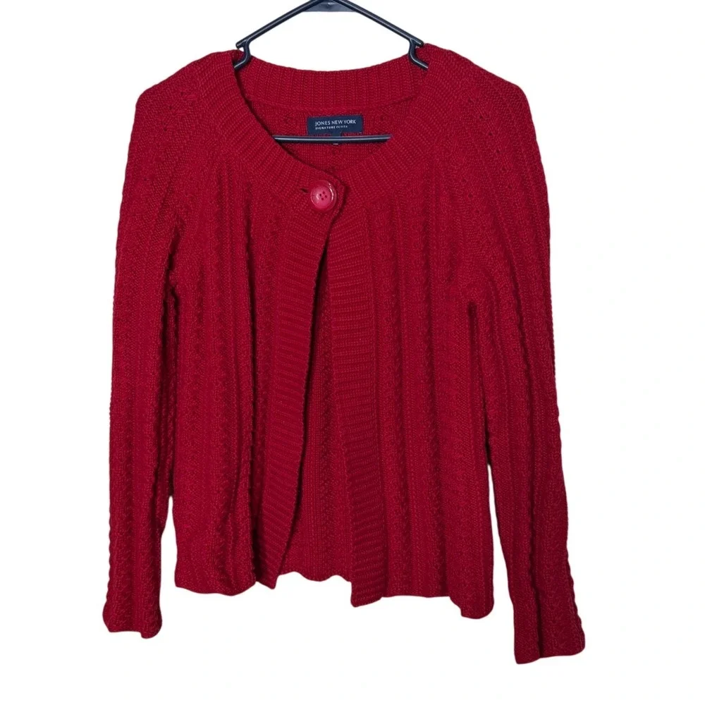 Jones New York Signature Petite Red Cable Knit Single Button Cardigan Sweater PP